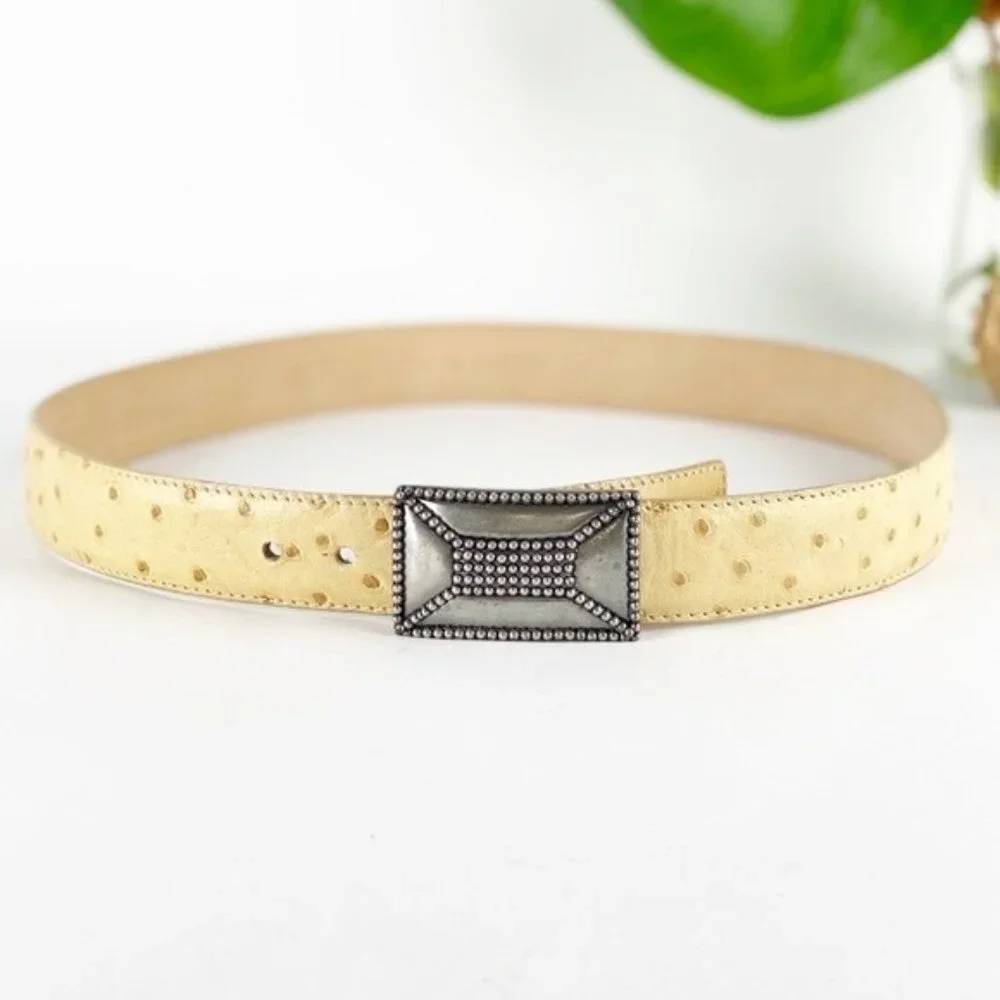 Escada‎ Womens Belt Size Small Tan Ostrich Full Quill Leather Rectangular Buckle